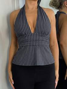 Bethéva Halter Deep V-Neck Cinched Waist A-Line Backless Striped Tank Top - Grey - View 3
