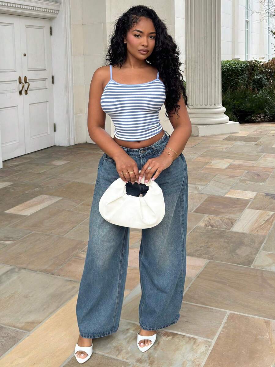 Alexandranx 女款條紋印花夏季細肩帶背心上衣 - 藍色 - 查看 1