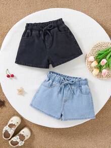 SHEIN 2件套少女时尚休闲Y2K复古酷炫街头春夏蓝色和黑色修身牛仔短裤，日常穿着，春夏锐舞节和街头服饰 - 彩色 - 查看 4