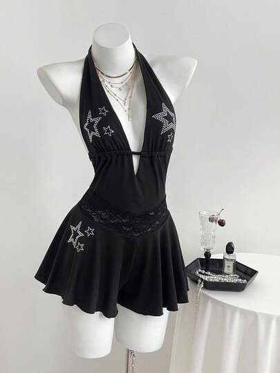 Elamini Sexy Starry Rhinestone Spaghetti Strap Deep V Lace-Up Jumpsuit, Summer