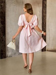 Roveilla Plus Size Baby Pink Textured Backless Tie A-Line Dress For Summer,Elegant Wedding Ninang Bridal Shower Brunch Puff Sleeve Dresses For Women - Pink - View 5