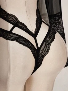 SHEIN ICON 女士时尚性感蕾丝拼接透视网纱连体衣 - 黑色 - 查看 8