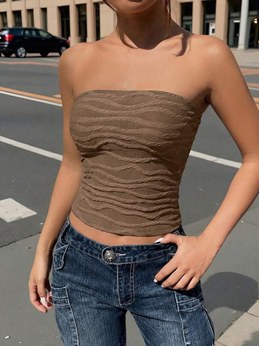 SHEIN EZwear 女士休闲纯色纹理巧克力棕色抹胸上衣，夏季 - 巧克力棕 - 查看 1