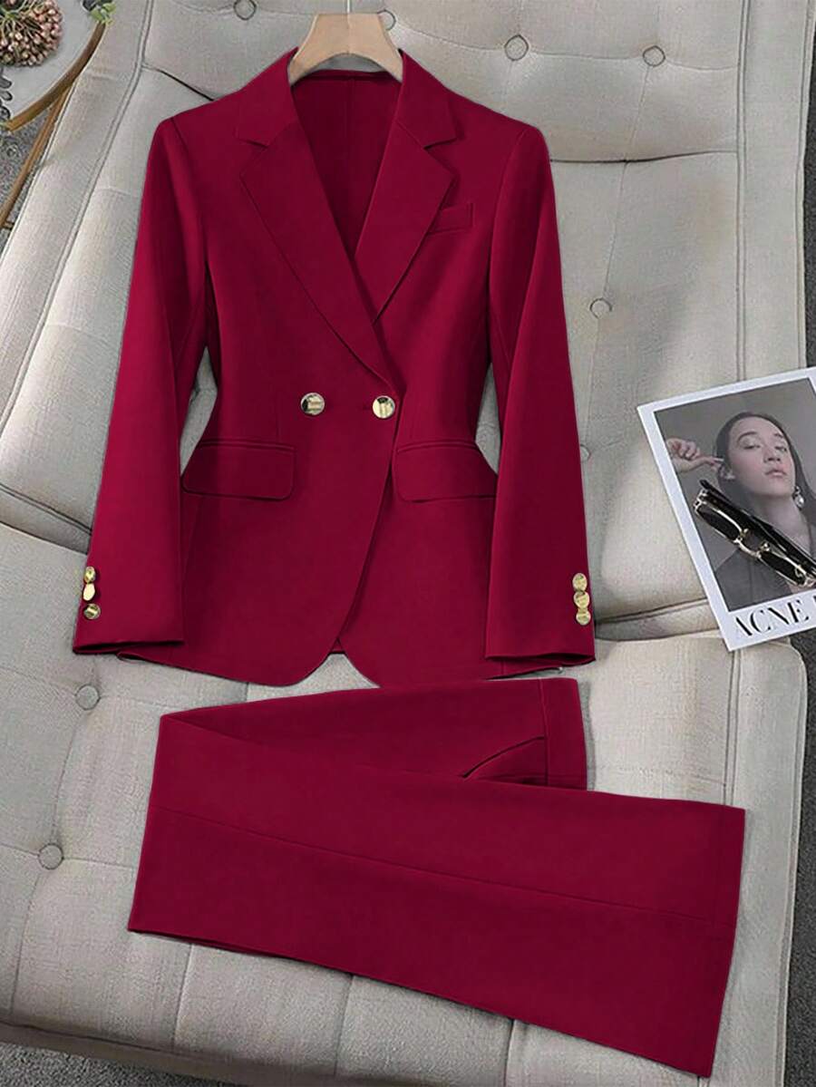 Franclia 女士优雅通勤风翻领纯色蓝金纽扣西装外套+口袋裤套装,秋冬季百搭之选 - 紅色 - 查看 1