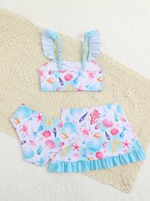 Younh 女童印花泳衣，荷叶边装饰，三件套 - 彩色 - 查看 2