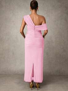 MaterniChic Maternity Solid Color Ruched Fitted Elegant Dress - Baby Pink - View 2