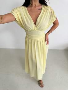 Firerie 女士新款优雅度假沙滩通勤休闲法式浪漫交叉荷叶边蝙蝠袖收腰喇叭连衣裙，奶油黄，适合通勤、约会、婚礼季 - 淡黃色 - 查看 10