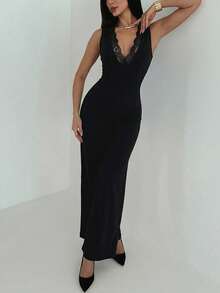 Aloruh Bộ jumpsuit cổ chữ V viền ren, trang phục công sở, jumpsuit mùa hè/jumpsuit đen thanh lịch thường ngày/jumpsuit đa năng dễ phối đồ - màu đen - Xem 7