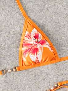 Swim Vcay 2pcs Women's New Floral Print Spaghetti Strap Backless Micro Triangle Top And Thong Sexy Bikini Set Set - Orange - View 5