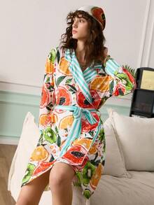 Chillnights Bata con cierre de botones delantero con estampado de frutas y rayas para mujer - Multicolor - Ver 6