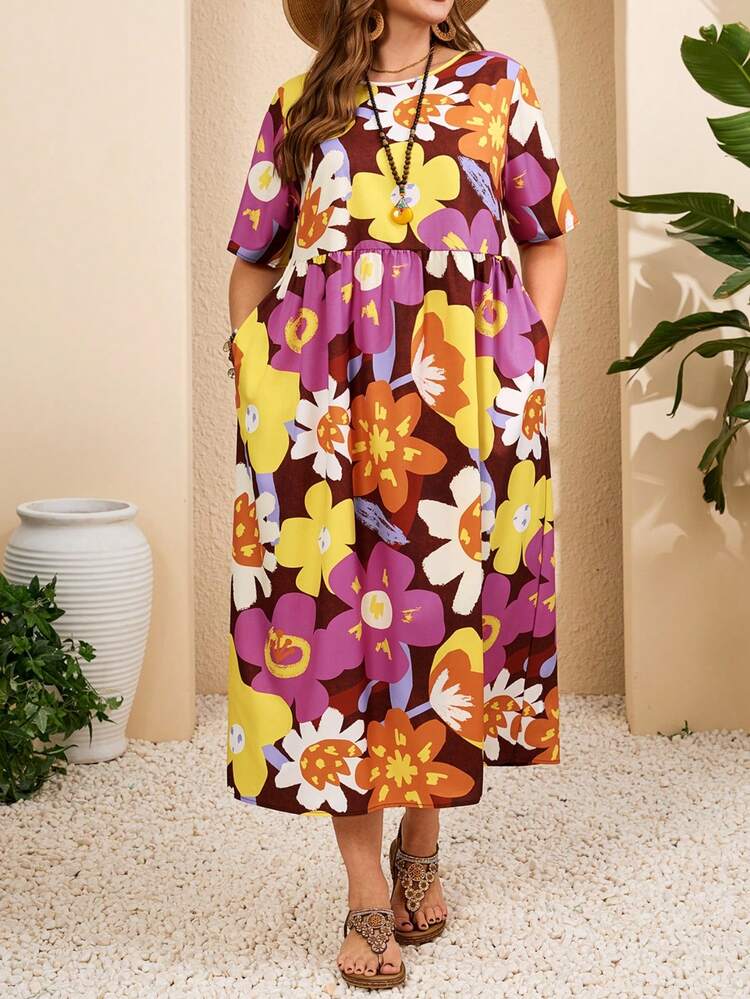 Plus Size Women Floral Print Round Neck Short Sleeve Pocket Casual Dress