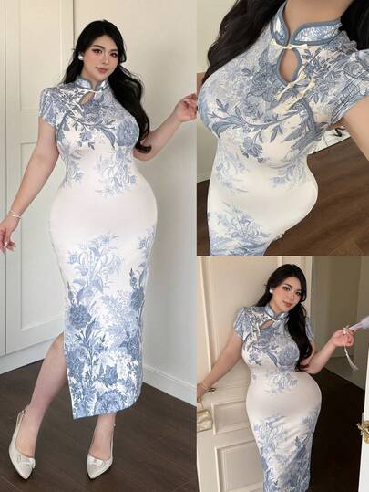 Vibekara 优雅性感中式印花旗袍，撞色泡泡袖修身高弹褶裥开衩长裙，大码