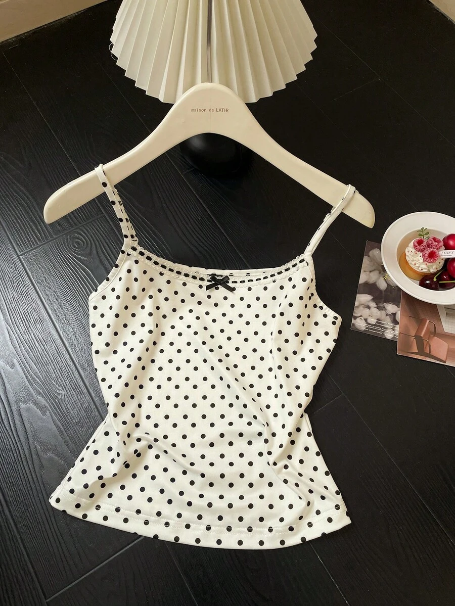 SHEIN 青少年女孩白色黑波點夏季可愛細肩帶背心,蝴蝶裝飾細肩帶無袖背心上衣,適合青少年女孩的小碼上衣 - 杏色 - 查看 1