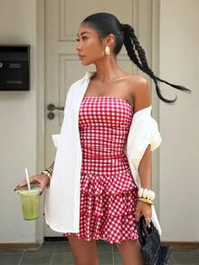 Muchica 女士夏季沙滩度假格纹印花褶皱腰部层叠荷叶边抹胸连衣裙 - 紅白色 - 查看 5
