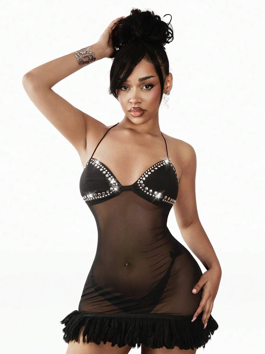 Amplova Vestido mini ajustado con cuello halter, tirantes finos y espalda descubierta para mujer - Negro - Ver 1