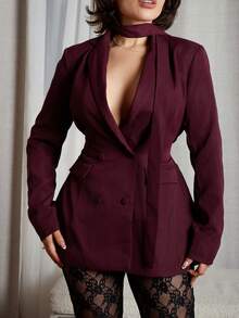 Lupita Cardoza Damen Burgunder Gewebe Jacke mit geraffter Taille und Doppelreiher Krawattenkragen, elegant für Party, Urlaub, Büro, Pendeln, Date, Halloween, Weihnachten vielseitige Blazer, Damen Burgunder Jacke Damen Anzüge Burgunder Damen Blazer für Damen Blazer für Damen Damen Nachtclub Party Weihnachtsballkleid - Rot - View 5