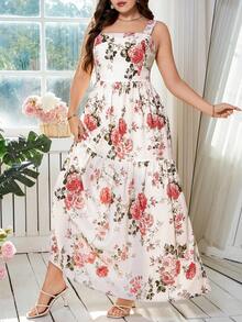 Ellevyn 大码女式印花褶皱腰身优雅派对连衣裙 - 粉色 - 查看 4