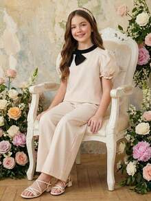SHEIN Tween Girl Elegant Stand Collar Petal Sleeve Colorblock Shirt And Pants Set Tween Girl - Apricot - View 2