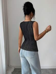 Selianne Women's Fashion Dual-Color Striped Ribbed Sleeveless Round Neck Button Fitted Tank Top, Elegant Commuter Style Latest Tops For Women New Arrivals - Black - View 2