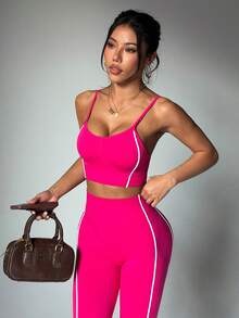 Dewbera Women's Sports Casual Suspender & Tummy Control Lifting Leggings Set - Hot Pink - View 5