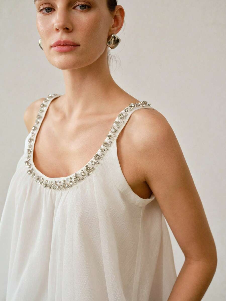 MOTF PREMIUM WOMEN'S ELEGANT CASUAL VACATION RHINESTONE CAMISOLE TOP - White - View 2
