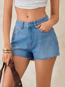 SHEIN 100% Cotton Mid Waist Woman Mini Denim Blue Washed Short - Light Wash - View 5