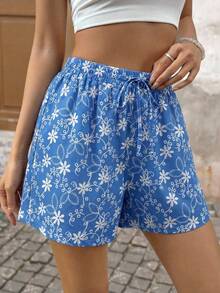 Brillora 女士度假休闲优雅浪漫波西米亚风复古亚麻花卉图腾印花超短裤刺绣短裤松紧腰短裤夏季短裤夏季穿搭蓝色花卉短裤女士短裤 - 藍色 - 查看 3