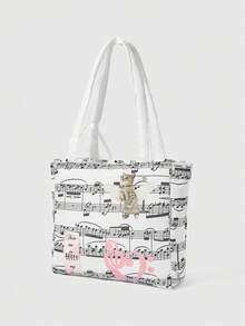 ROMWE Kawaii Bolso de hombro portátil de gran capacidad con gráfico de figura para mujeres - Partituras blancas - Ver 3