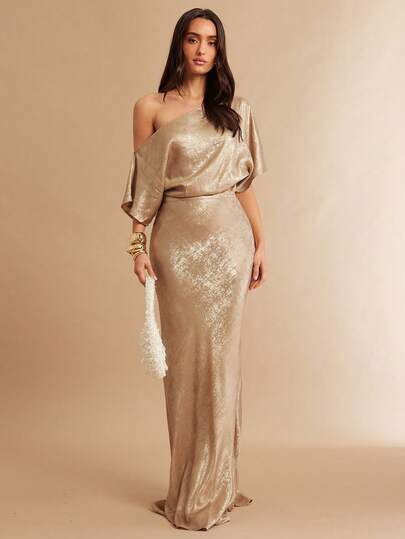Silquee This Women's Metallic Asymmetrical Off-The-Shoulder Dress Is Perfect For Spring And Summer, Making It An Ideal Choice For Wedding Bridesmaids, Beach Vacations, Date Nights, Parties, And Dances. The Fitted Bodice And Elegant, Sexy Silhouette Perfectly Embody The Essence Of Spring And Summer, Exuding A Refined And Charming Aura. Its Luxurious Vintage Style Makes It A Perfect Choice For Spring And Summer. Suitable For Afternoon Tea, Casual Parties, And A Variety Of Other Occasions. Champagne Evenin