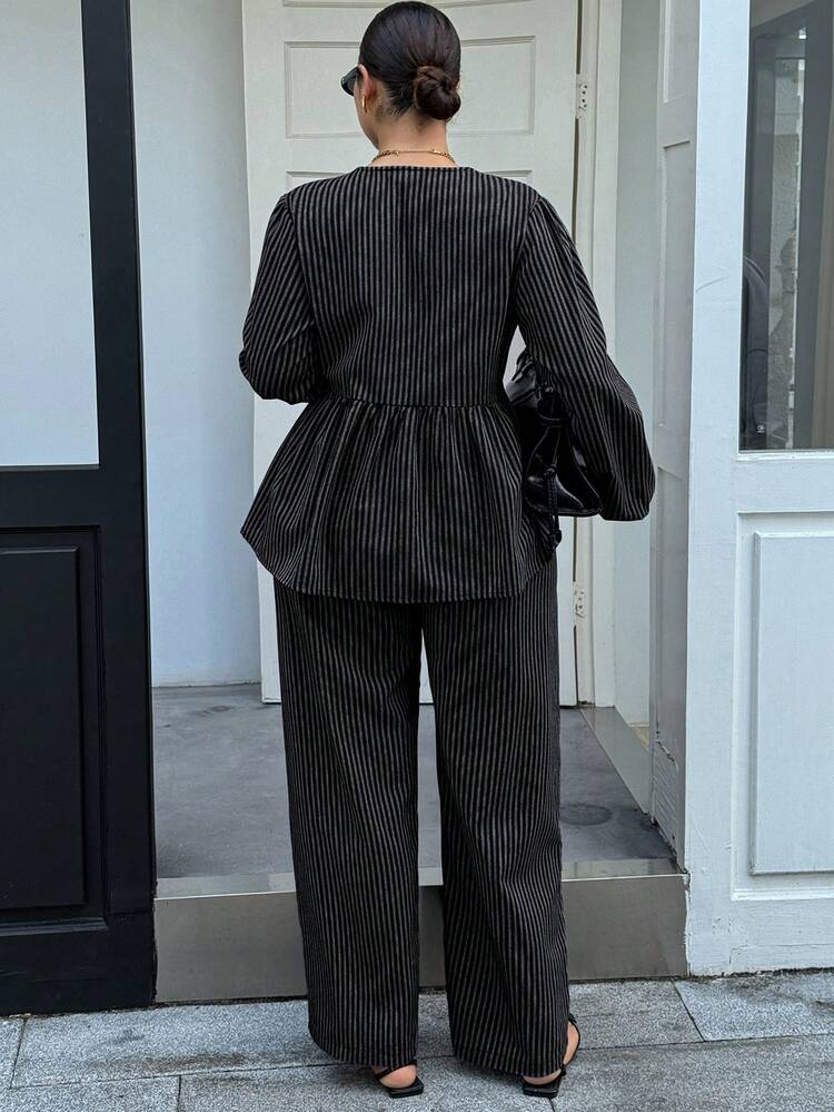 2pcs/Set Striped V-Neck Loose Lantern Sleeve Pullover Top And Relaxed Long Pants, Plus Size Women Spring/Autumn Outfit