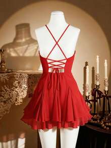 Franclia Women's French Romantic Backless Tie Design Asymmetric Hem Camisole Dress - Burgundy - View 2