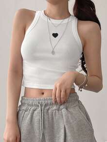DAZY 女士心形刺绣圆领修身夏季基础款吊带露脐上衣 - 白色 - 查看 4
