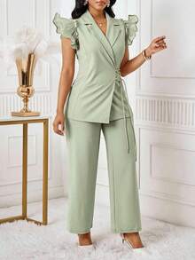 SHEIN Lady Conjunto de traje de mujer con blazer de manga con volantes rosa y pantalones elásticos de cintura alta para otoño/invierno - verde menta - Ver 5