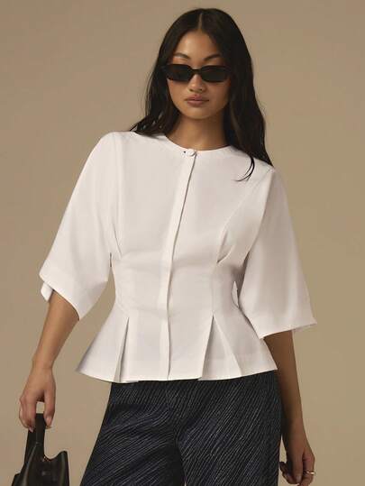 COSMINA Women's Round Neck Pleated Waist 3/4 Sleeve Blouse, Solid Color Casual Office Minimalist Shirt Top