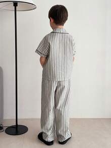 DAZY Tween Boy Striped Short Sleeve Single-Breasted Pocket Top And Pants Pajama Set - Grey - View 3