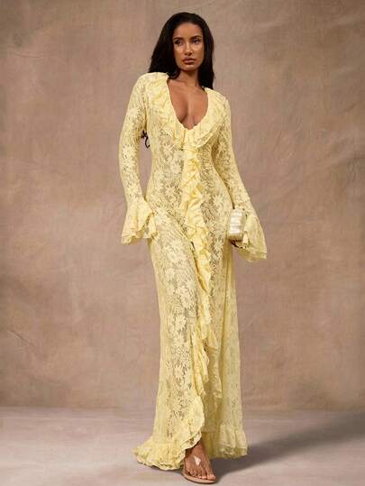 Opulessa 女士优雅派对纯色蕾丝荷叶边连衣裙