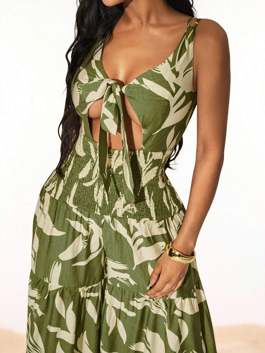 Radiana Women's Fashionable Casual Sexy Vacation Tie-Knot And Drawstring Design All-Over Print Wide Leg Jumpsuit, Spring/Summer Olive Green - Green - View 1