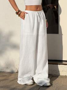 Muchica Women's White Crepe Knit Drawstring Casual Pants With Slanted Pockets Summer Holidays Spring Women Summer Vacations - White - View 4