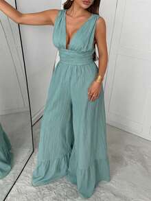 Slaydiva Spring/Summer Vacation, Beachfront, Elegant, Romantic, Sexy, Party, Date, Birthday Party, Wedding Season, Suitable For Yacht Trips, V-Neck, Slim Waist, Ruffled Fabric, Women's Loose Jumpsuit - A - Green - View 7