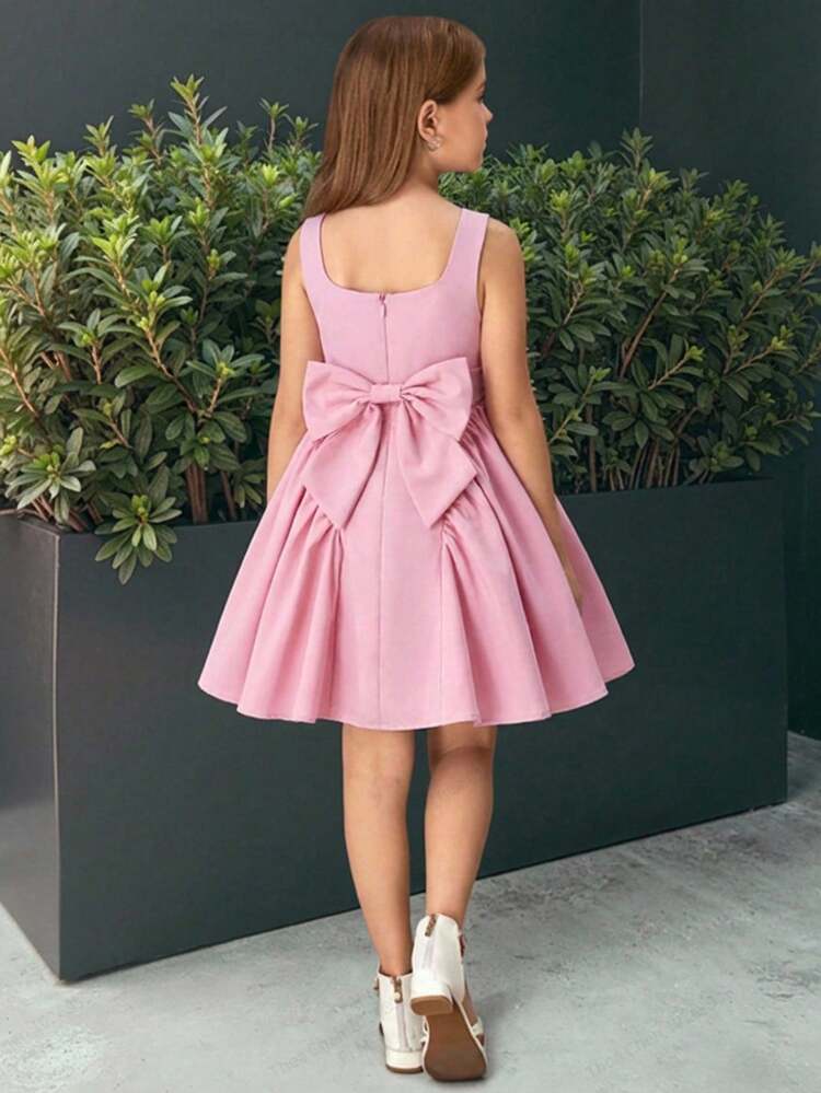 فستان كاجوال بدون أكمام ذو رقبة مربعة من نسيج ملون للفتيات الصغيرات - وردي - مشاهدة 3