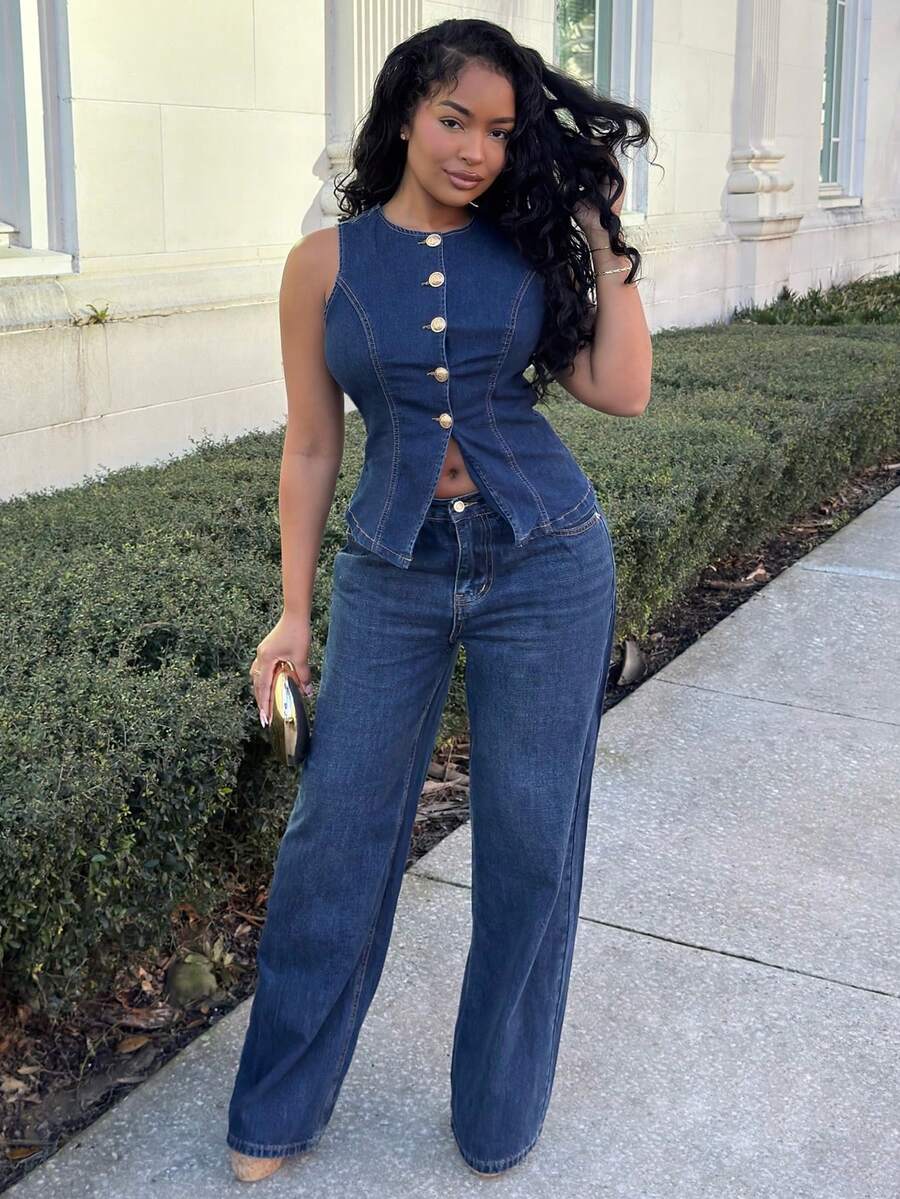 Alexandranx 女士圆领单排扣休闲无袖牛仔上衣 - 深色水洗藍 - 查看 1