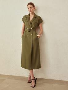 MOTF PREMIUM SPRING/SUMMER LINEN BLEND UTILITY POCKET TIE-WAIST MIDI DRESS, VINTAGE STYLE - Army Green - View 7