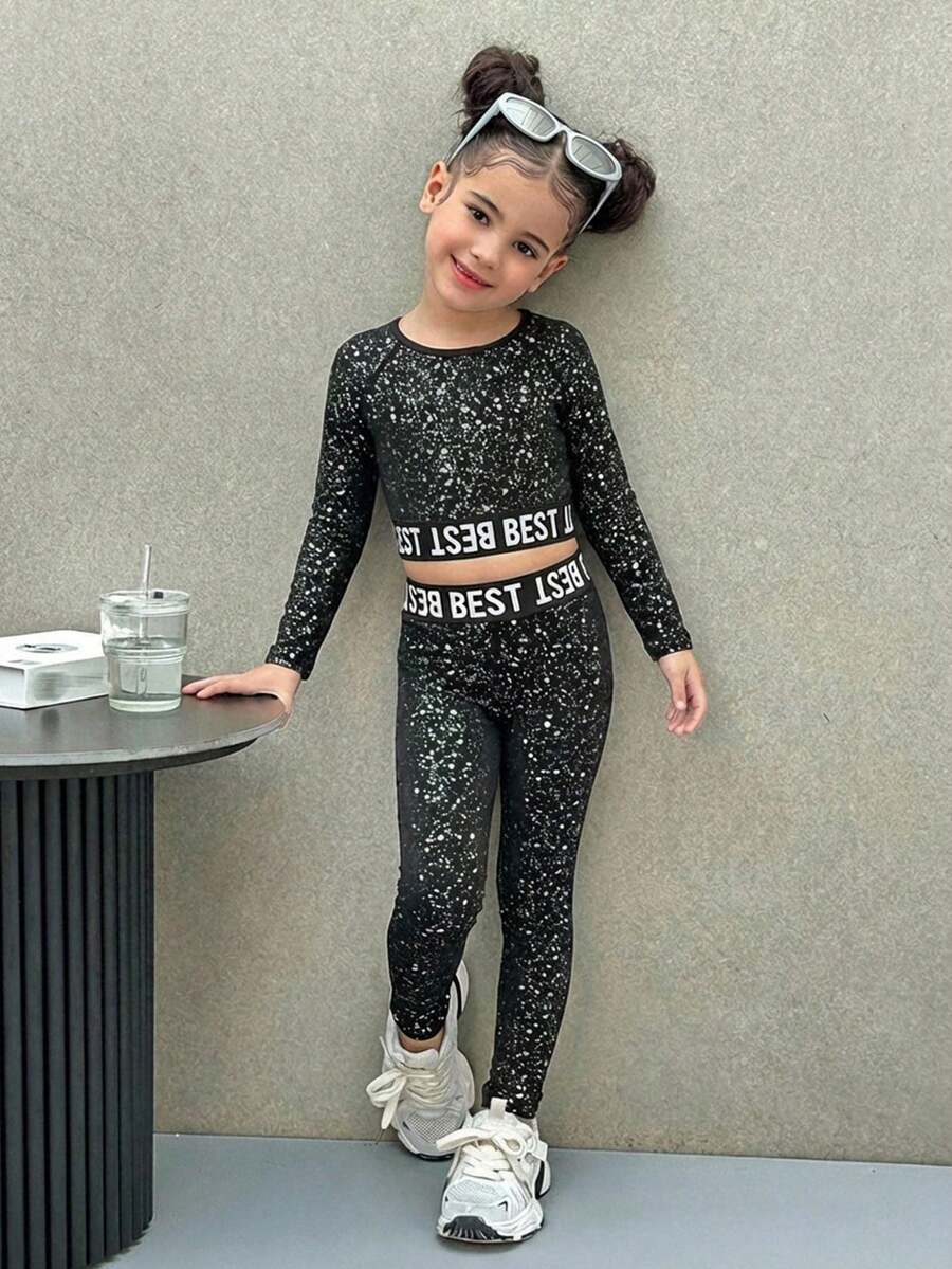 SHEIN 2pcs/Set Young Girl Letter Print Knit Crop Top And Matching Legging Outfit,Girls Sport Active Wear Set,Long Sleeve Spandex Rhinestone Set For Autumn - Black - View 1