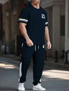 Manfinity Homme Plus Size Men's Numeric Print Round Neck Short Sleeve T-Shirt And Drawstring Waist Casual Pants Set - Navy Blue - View 4