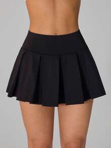 SHEIN PETITE 纯色学院风休闲针织百褶超短裙 - 黑色 - 查看 7