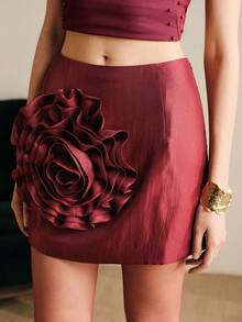 Arave Women Satin Texture Fabric Slim Fit H-Line Large Handmade Stereoscopic Rose Ruffled Design High Waist With Leather Metal Buckle Belt Elegant Party Evening Midi Skirt Elegant Party Dresses For Women Red Dress Wedding Guest Dress For Women - Burgundy - View 7