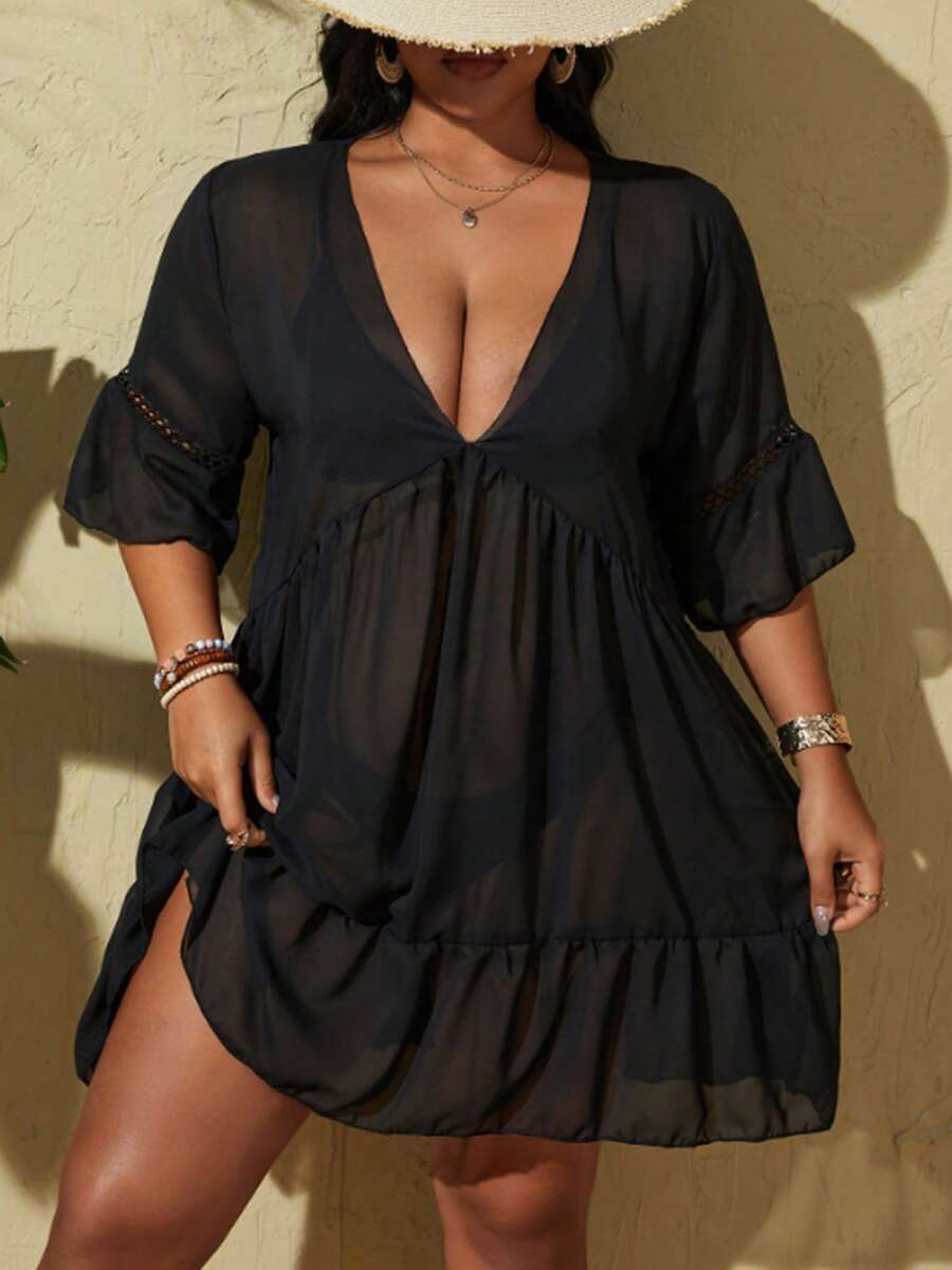 Swim Lushoire 大尺碼度假海灘純色深V領透視遮陽裙 - 黑色 - 查看 1