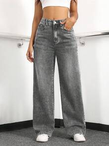 EURMUSE Women's Loose Fit Casual Denim Jeans With Side Pockets And Wide-Leg Design - Light Grey - View 4