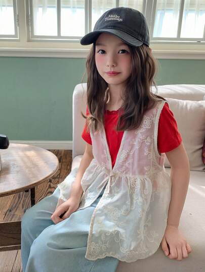 Dazy Kids Tween Girls' Summer Casual Solid Color Floral Embroidery Sleeveless Blouse