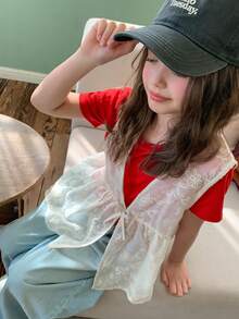Dazy Kids Tween Girls' Summer Casual Solid Color Floral Embroidery Sleeveless Blouse - Apricot - View 4